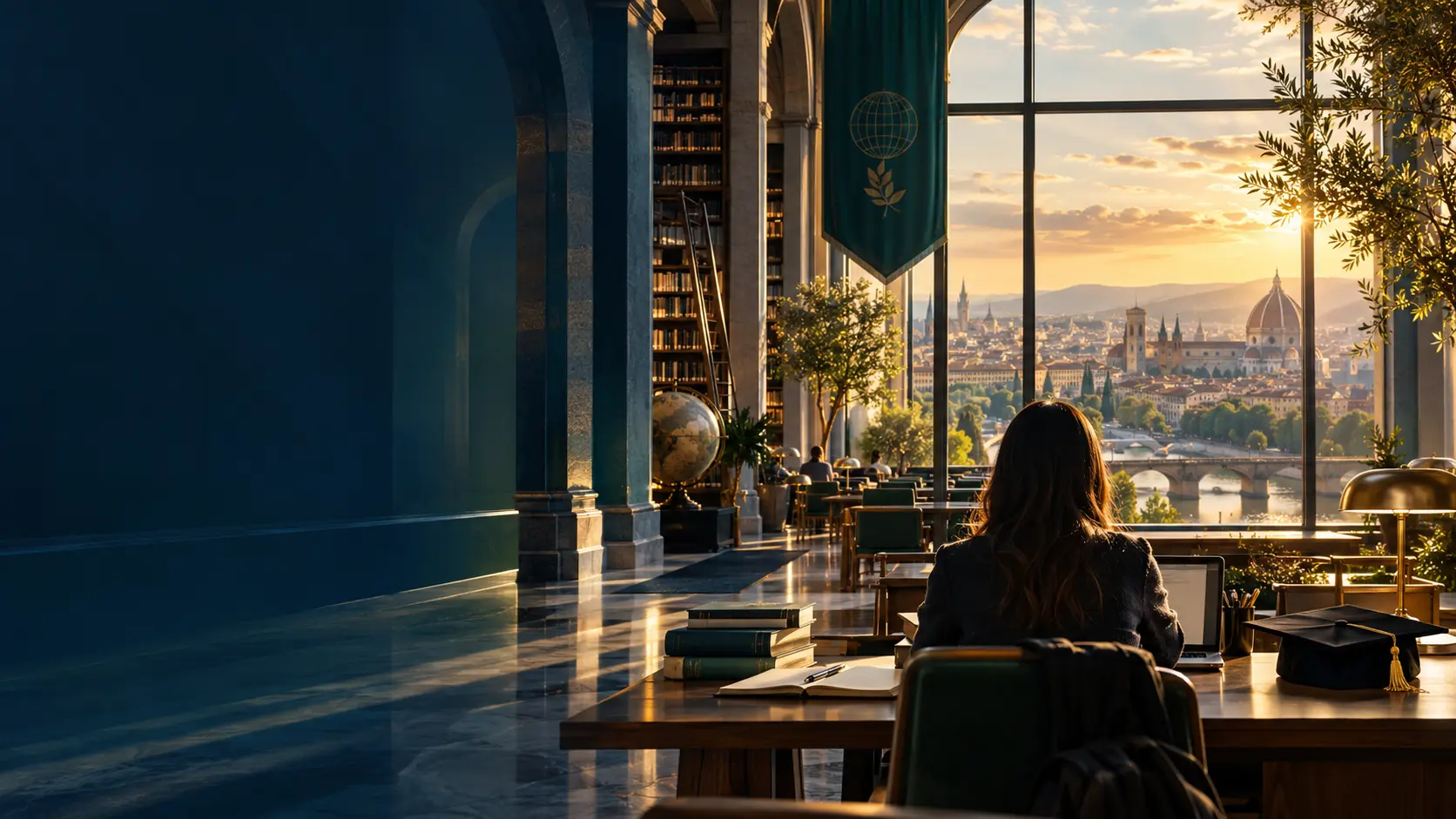 Illustration éditoriale : salle de lecture universitaire avec grandes baies vitrées ouvertes sur une ville historique.