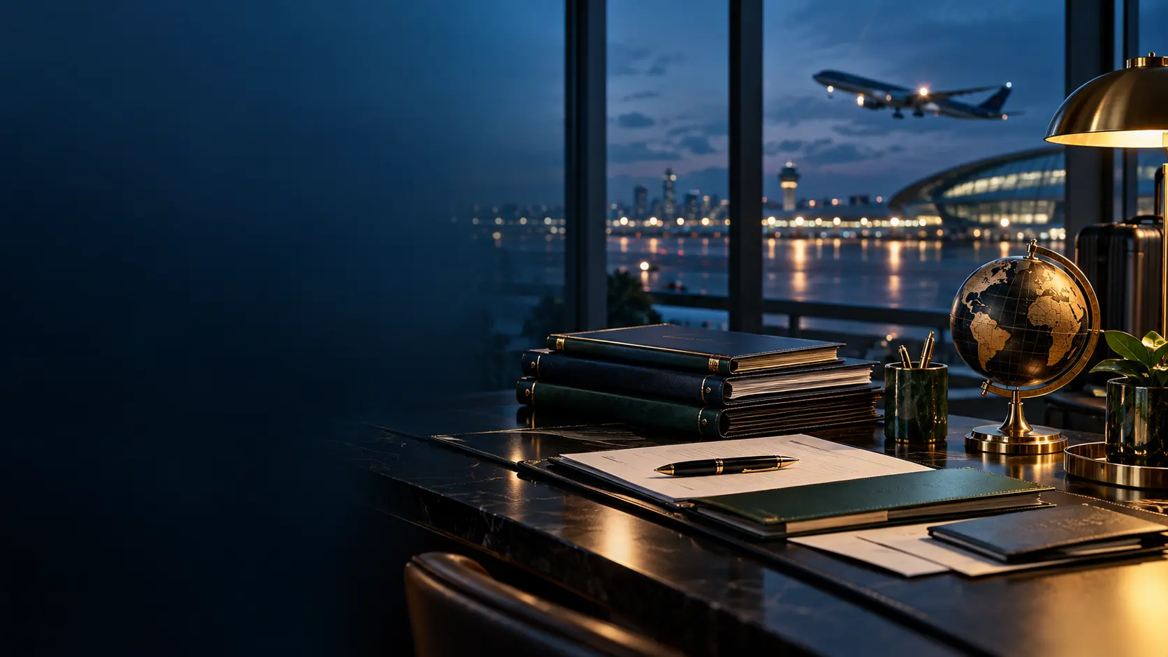 Illustration éditoriale : bureau sobre avec dossiers, globe et vue nocturne sur un aéroport.