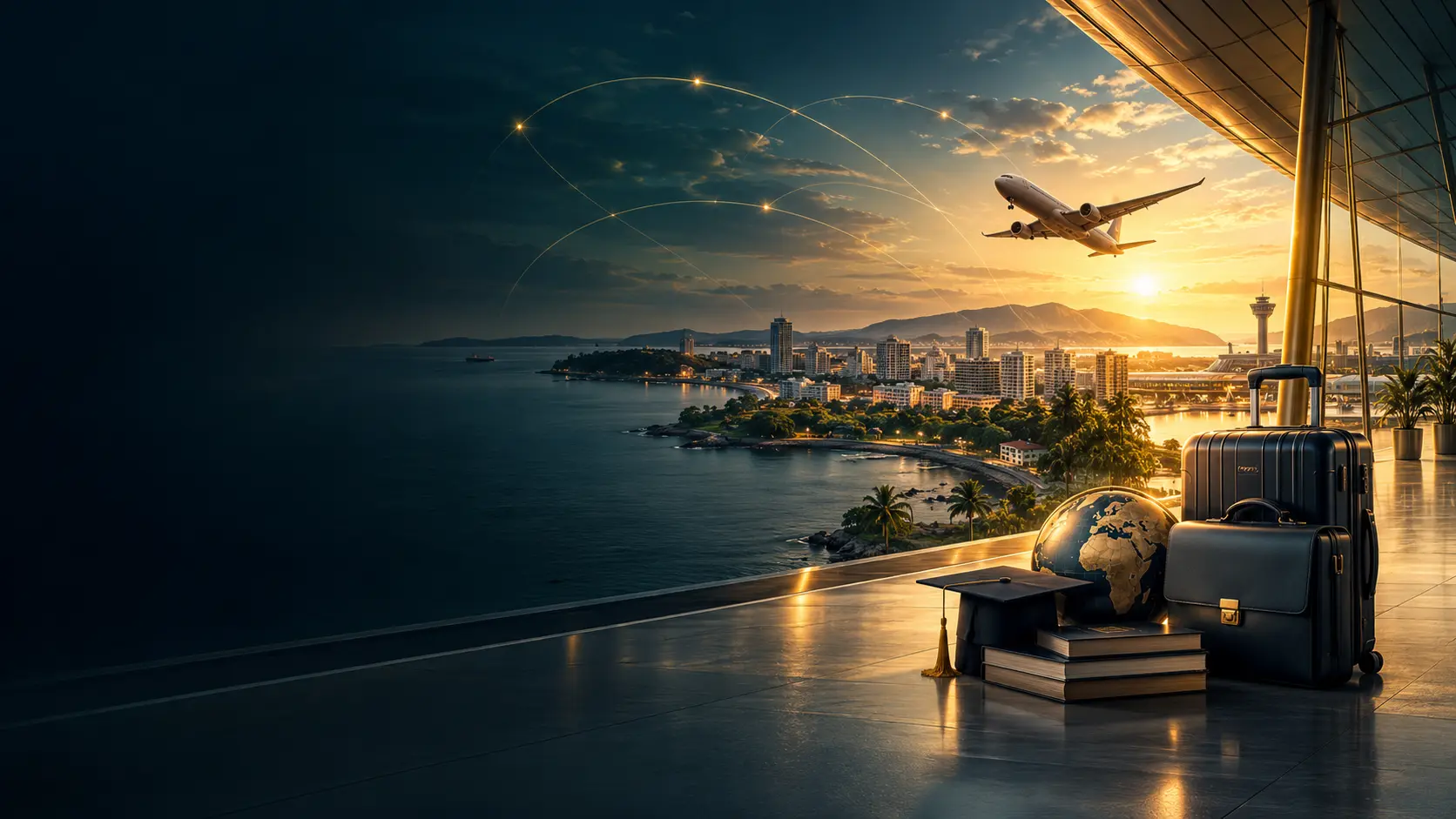 Illustration éditoriale : avion au décollage au coucher du soleil au-dessus d'une ville côtière, valises, globe et toque universitaire dans un terminal.