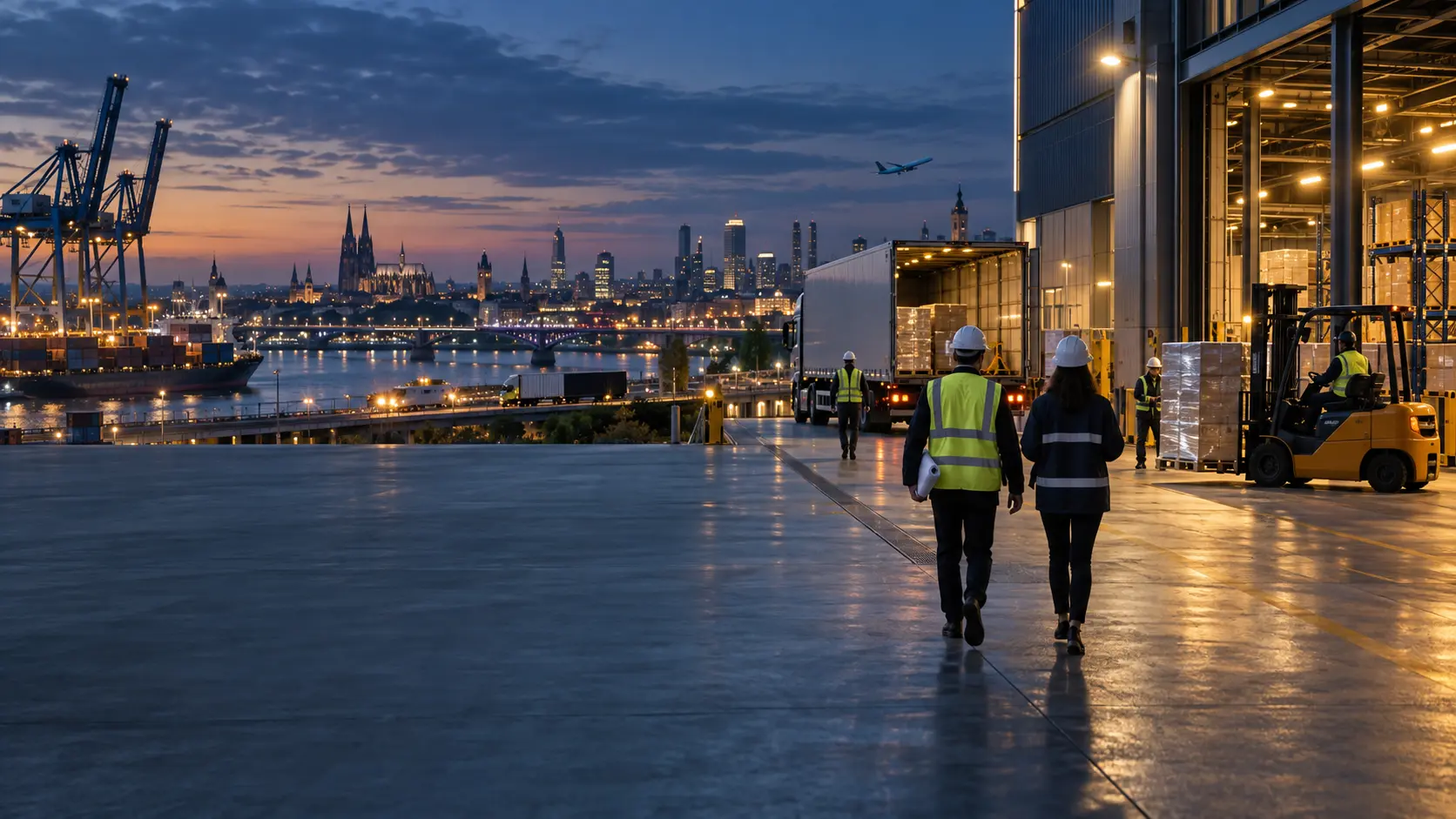 Illustration éditoriale : zone logistique portuaire au crépuscule avec entrepôt, camions et personnel en équipement de sécurité.
